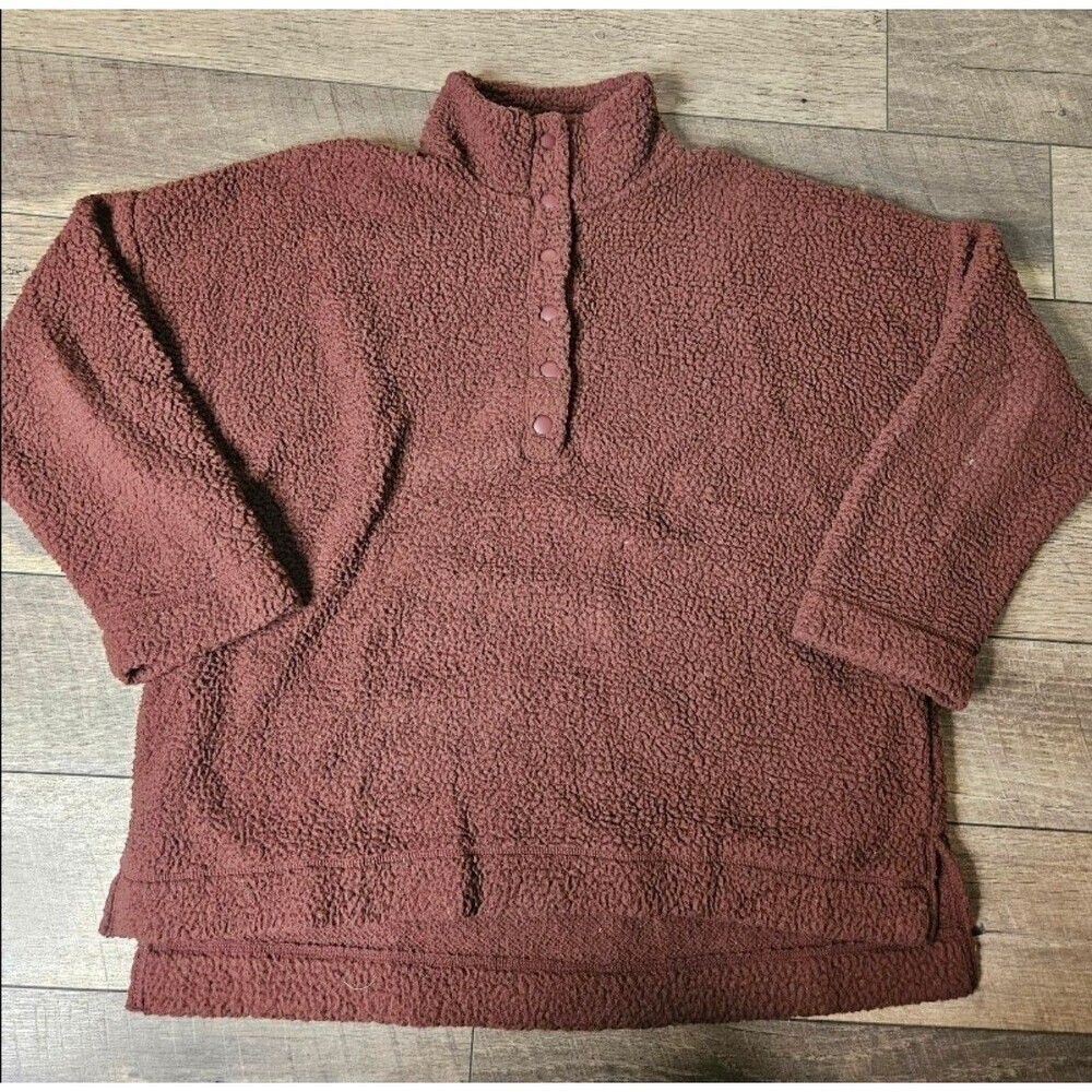 Aerie Oversized Sherpa Fleece Pullover Quarter Button Maroon Cozy Sweater Large - Picture 2 of 7